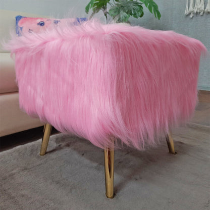 Noviato Collection – Pink Premium Long Faux Fur Footstool Gold Metal Legs Modern On-Trend Style Square Multi-Functional Ottoman Stool Seat, 40 cm Tall | from Avioni