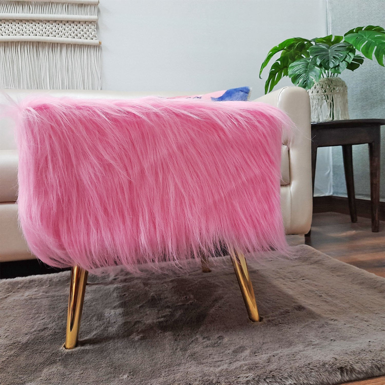 Pink furry footstool sale