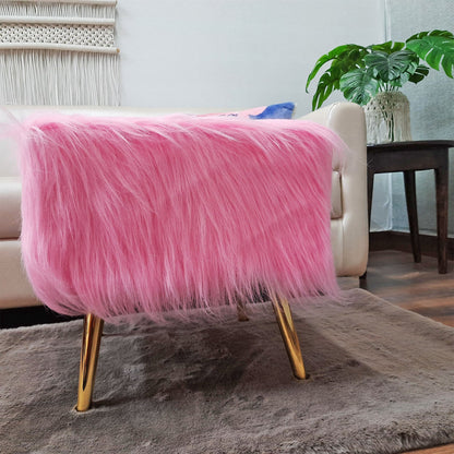 Noviato Collection – Pink Premium Long Faux Fur Footstool Gold Metal Legs Modern On-Trend Style Square Multi-Functional Ottoman Stool Seat, 40 cm Tall | from Avioni