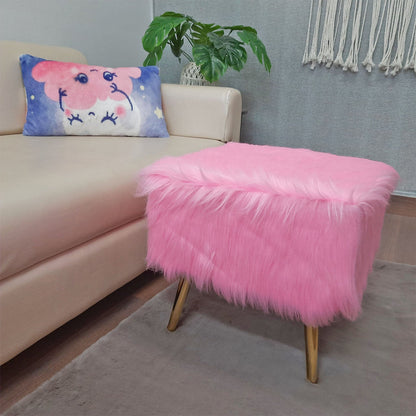 Noviato Collection – Pink Premium Long Faux Fur Footstool Gold Metal Legs Modern On-Trend Style Square Multi-Functional Ottoman Stool Seat, 40 cm Tall | from Avioni