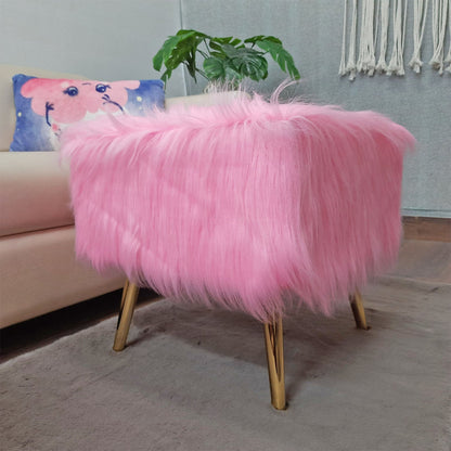 Noviato Collection – Pink Premium Long Faux Fur Footstool Gold Metal Legs Modern On-Trend Style Square Multi-Functional Ottoman Stool Seat, 40 cm Tall | from Avioni