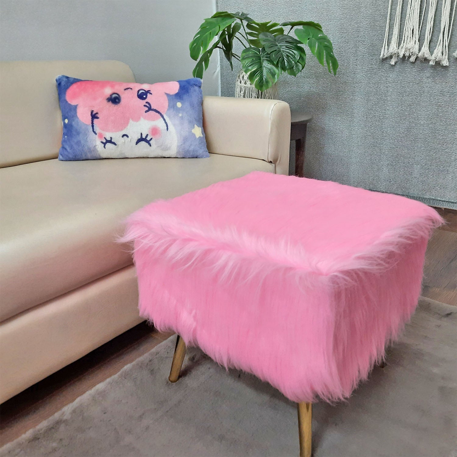 Noviato Collection Pink Premium Long Faux Fur Footstool Gold Metal L Loomkart