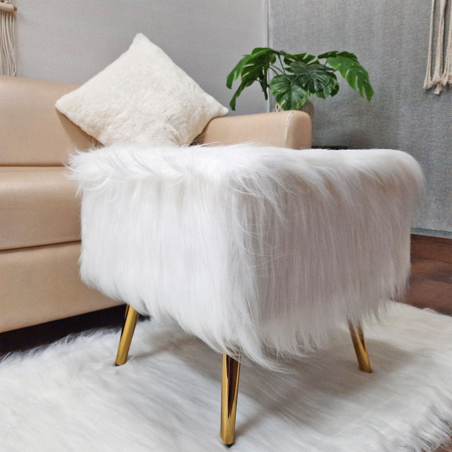 Noviato Collection – White Premium Long Faux Fur Footstool Gold Metal Legs Modern On-Trend Style Square Multi-Functional Ottoman Stool Seat, 40 cm Tall | from Avioni