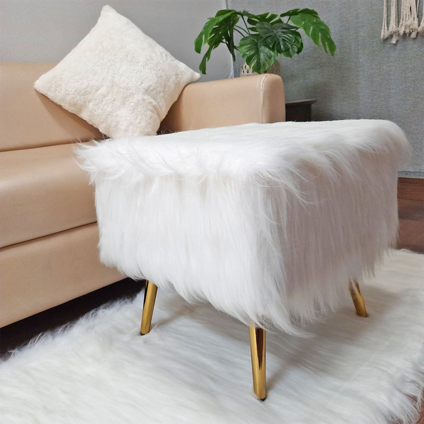 Noviato Collection – White Premium Long Faux Fur Footstool Gold Metal Legs Modern On-Trend Style Square Multi-Functional Ottoman Stool Seat, 40 cm Tall | from Avioni